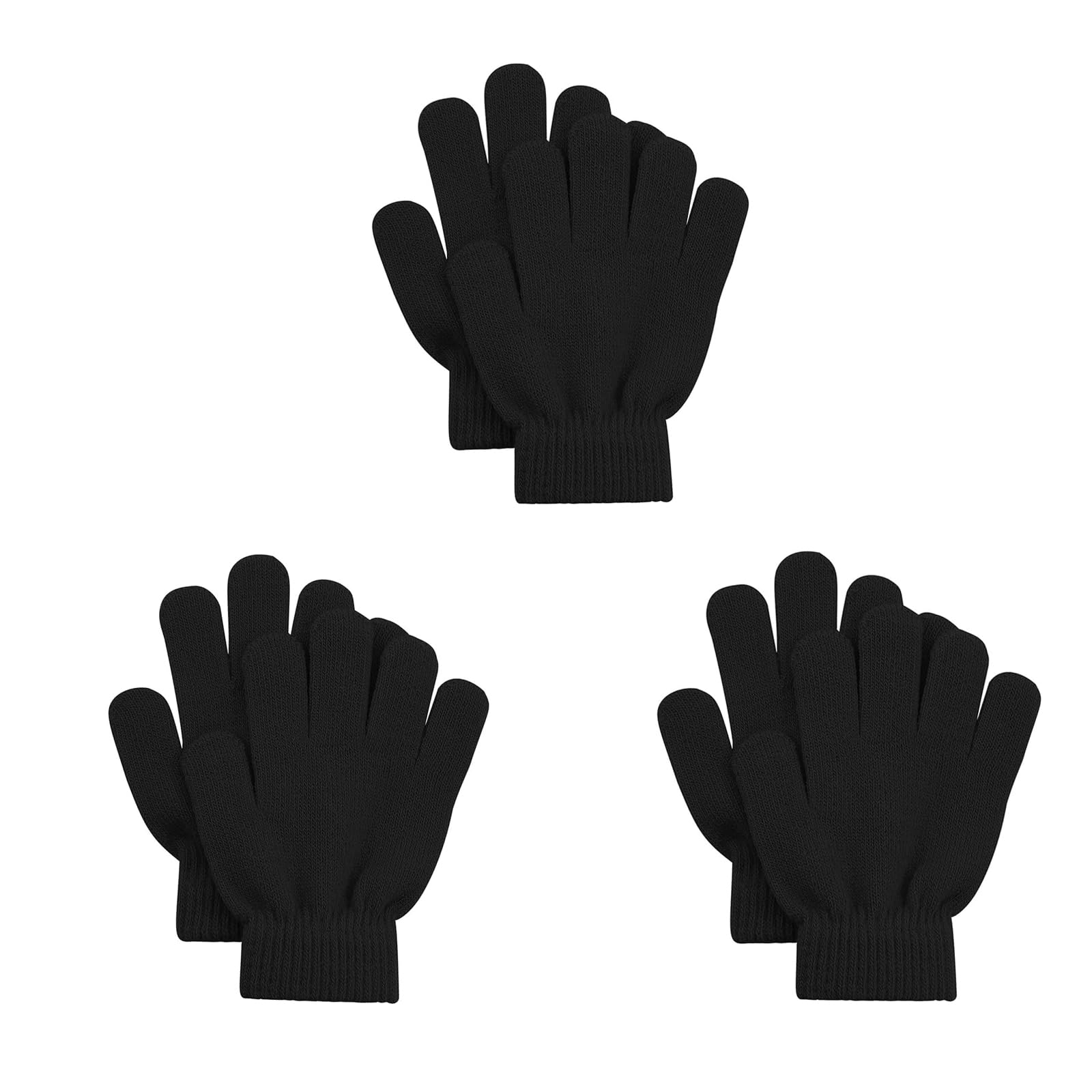 Photo 1 of 3 Pairs Kid's Gloves Winter Magic Gloves Warm Stretchy Unisex Knit Gloves for 7,8,9,10 years Cold Weather Boys Girls Teens 11-15