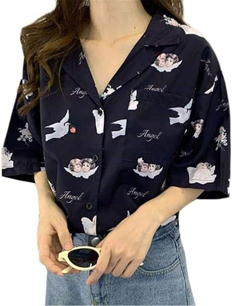 Amazon ンーセンー レディース アロハシャツ ブラウス 半袖 開襟シャツ シフォンシャツ ハワイシャツ プリント柄 夏服 トップス 韓国 おしゃれ ブラック F シャツ ブラウス 通販