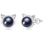 BAMIKI Pearl Earrings for Women, S925 Sterling Silver Cat/Mouse Stud Earrings, Freshwater/Saltwater Cultured Pearls Jewelry Gifts for Mom Grandmother