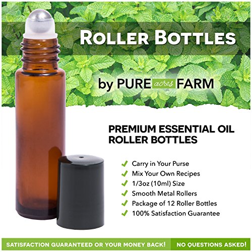 Pure Acres Farm, 12, Amber, 10 ml Glass Roll-on Bottles with Stainless Steel Roller Balls. 3 ml Droppers included