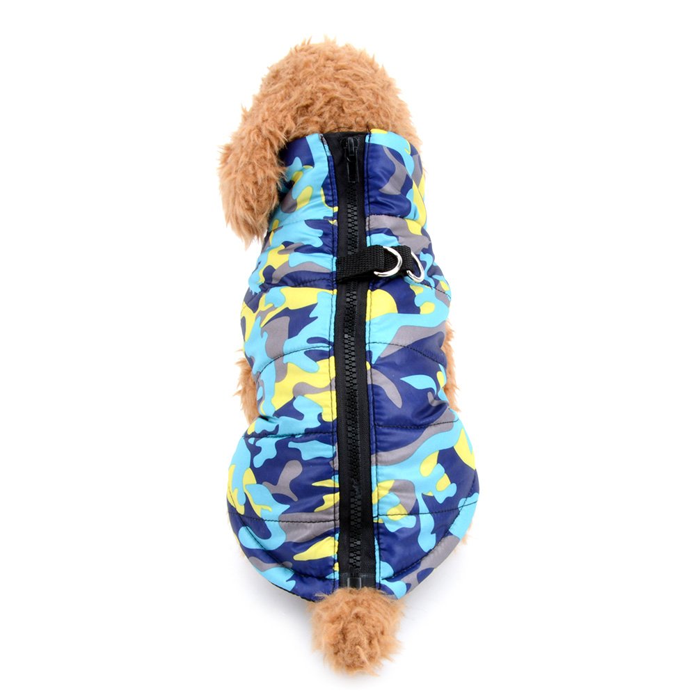 Ranphy Small Dog Camo Puffer Jacket with D-Ring and Zip, Winter Cotton-Padded Pet Coat Vest Harness for Puppy Chihuahua Yorkie Cat Clothes,Blue,M