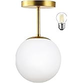 Mid Century Modern Globe Semi Flush Mount Ceiling Light Fixture Frosted Glass with Gold Brass Finish,1-Light Sphere Glass Pen