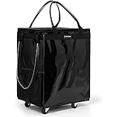 (Medium, Black) Reusable Grocery Bag on 4 Wheels, Foldable Rolling Tote Carries Up to 66lb Shopping Trolley, Rolling Bag with 3 Handles, Zipper Clouser Rolling Tote Bag with Wheels for Laundry