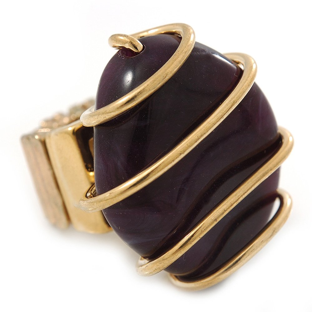 Avalaya 35mm Across/Resin Stone with Wire Element Flex Ring in Deep Purple Colour/Aged Gold Finish/Size 7/8