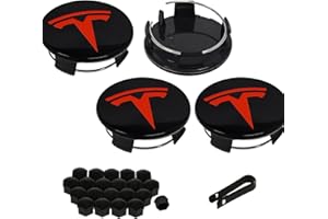 Knomix 4 Pack Exterior Decoration Wheel Center Cover for Tesla Model 3 Model Y,56mm Hubcaps Wheel Rim Cover Tesla Center Caps Hubcaps+20 Black Lug Nut Covers (Glossy Black+Red Emblem)