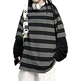 Chvity Womens Harajuku Long Sleeve Oversized T Shirts for Women Casual Crewneck Color Block Stripe Tops
