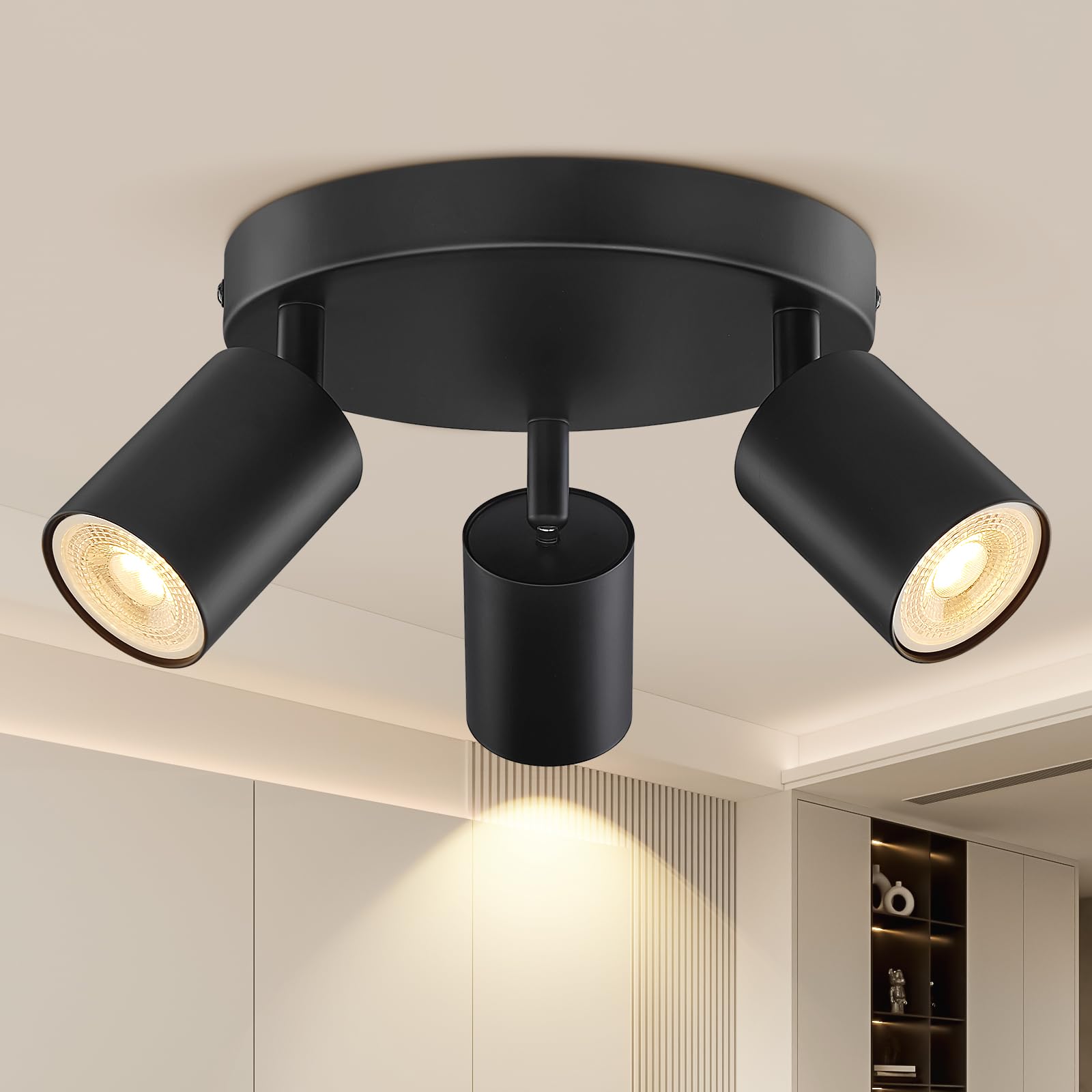 3 Way Spotlight Ceiling Lights Adjustable, Matt Black Round Spot Lights GU10 Industrial Spotlights Fitting Rotatable, GU10 LED Ceiling Light, Ceiling Spotlight Indoor for Hallway, Bulb Not Included