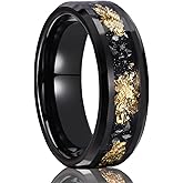 Concept Knight Black Tungsten Carbide Rings for Men Women 8mm/6mm Men's Wedding bands Inlaid with Gold Foil Meteorite Fragments, High Polishing and Comfortable fit