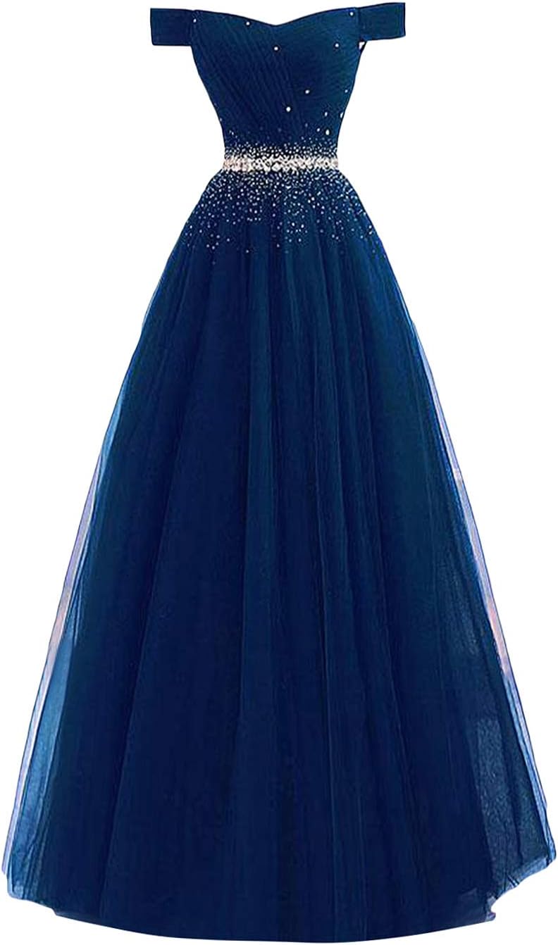 Dymaisei Women's Off The Shoulder Beaded Tulle Prom Dress Long Evening Formal Dresses US14 Royal Blue