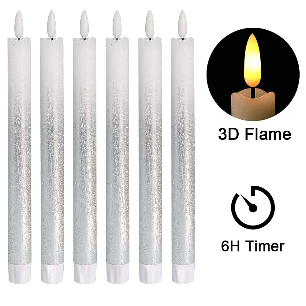 Wondise Silver Flameless Taper Candles with 6H Timer, 3D Wick LED Flickering 7832784895663 eBay