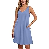 Marvmys Women's Cotton Nightgown Tank V Neck Sleep Shirts Sleeveless Sleep Dress with Pockets