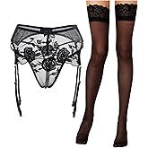 BIGFOX Women's Garter Belt and Sheer Thigh Highs Set Adjustable Suspender 4 Metal Clips Mesh Thong + High Stockings in Black