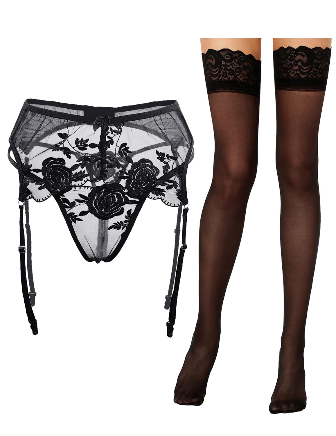 Photo 1 of BIGFOX Women’s Garter Belt and Thigh Highs Set Black Sheer Lingerie Set Adjustable 4 Metal Clip Mesh Thong and Stockings (M)