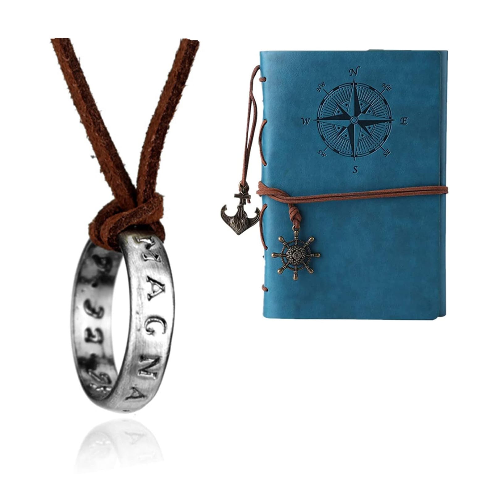 XHBTS Uncharted 4 Drake 20 Stickers and Engraved Ring Pendant Necklace,Brown Leather Chain and Travel Journal Writing Notebook, Vintage PU Leather Note Book, A7(Blue)