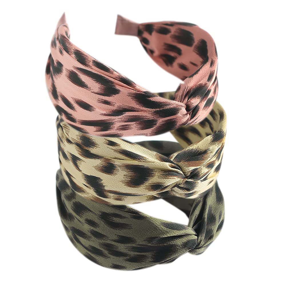 3Pcs Boho Wide Headband Rabbit Ears Hair Bands Fabric Non-Slip Headwear Elastic Twist Hair Hoop 1920s Accessories for Women Girls (Leopard1v)