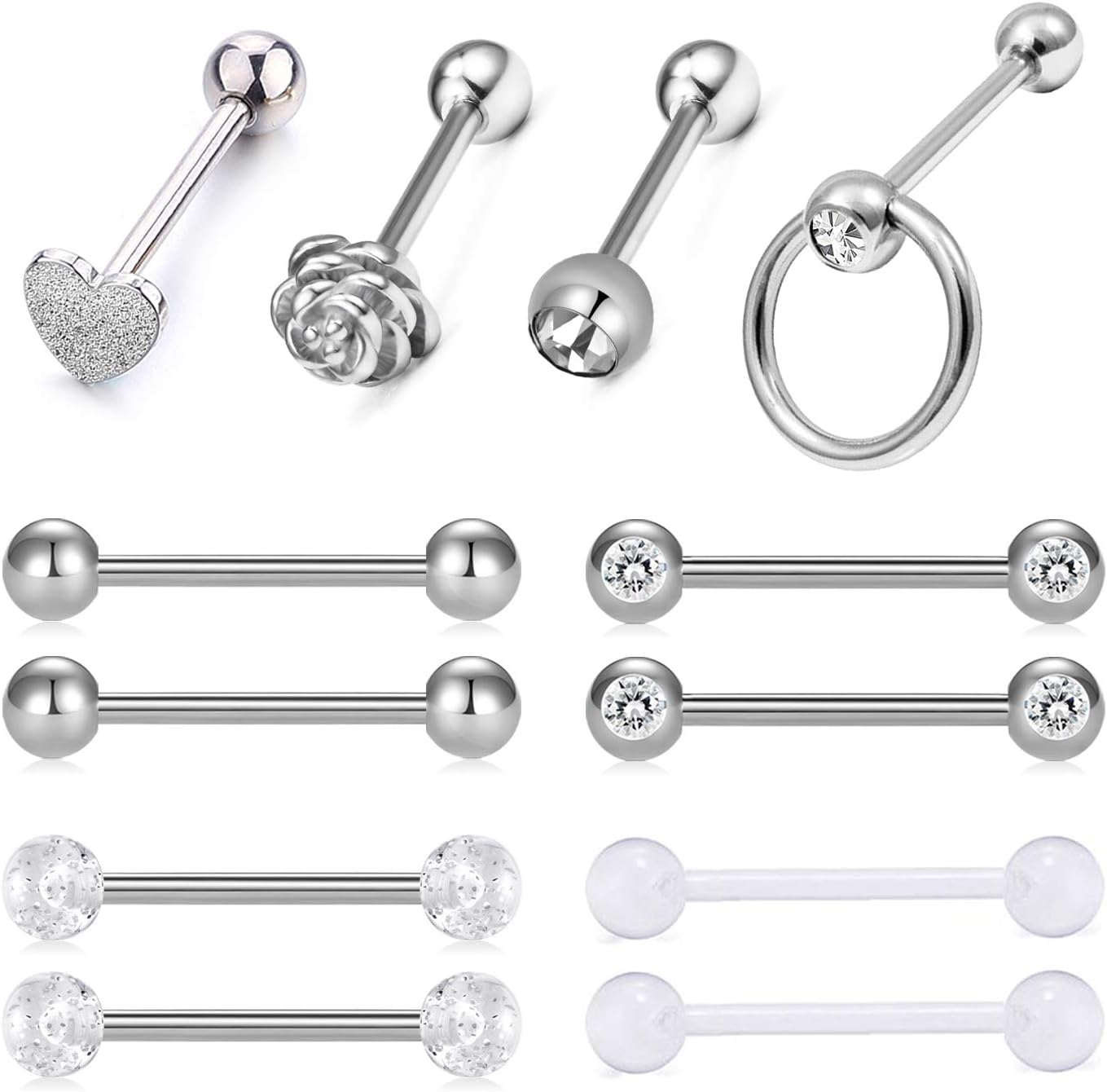 14G 12Pcs Stainless Steel Tongue Rings Barbells Heart Shape Rose Shape Tongue Piercing Nipple Rings Body Jewelry 8 Style