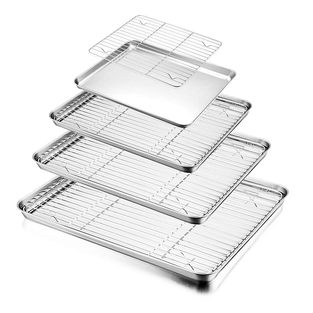 HaWare Baking Tray with Rack Set (4 Sheets + 4 Racks), 100% Stainless Steel Rimmed Cookie Sheet Pans, Toaster Oven Tray with Cooling Rack, Non Toxic & Healthy, Rust Free & Dishwasher Safe - 8 Pieces