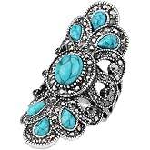 Vintage Turquoise Flower Leaf Statement Ring for Women Girls Oxidized Silver Plated Black CZ Boho Filigree Wide Band Finger Rings Comfort Fit Bohemian Indian Bollywood Wedding Birthday Retro Jewelry Size 8