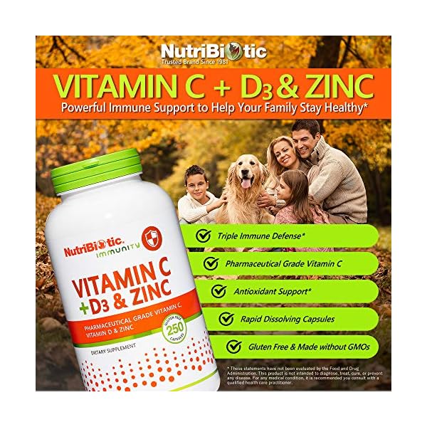 NutriBiotic Vitamin C + Vitamin D3 & Zinc, 250 Capsules Potent, Comprehensive Immune Support