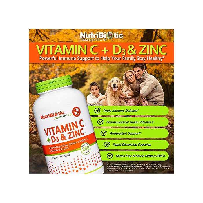 NutriBiotic Vitamin C + Vitamin D3 & Zinc, 250 Capsules Potent