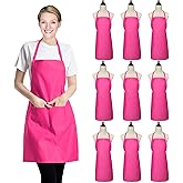 XEEYAYA 9 Pack Pink Apron for Women Adult Girls Ladies with Pockets - Bib Kitchen Aprons Bulk for Cooking Painting BBQ Grilling Baking (9 Pack, Pink)