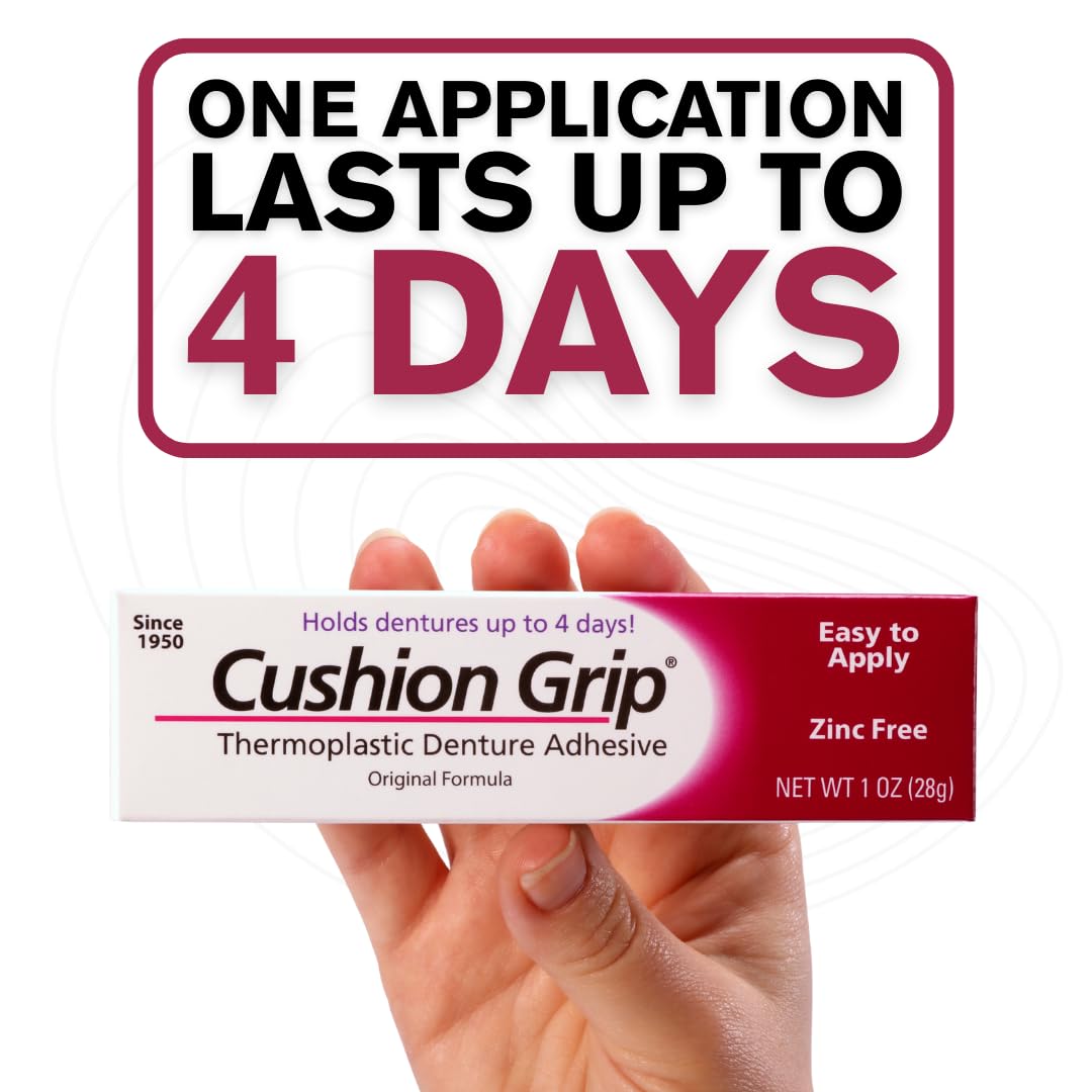 Cushion Grip Thermoplastic Denture Adhesive, 1 oz – Refits & Tightens Loose Dentures for Up to 4 Days, Long-Lasting Glue-Free Formula