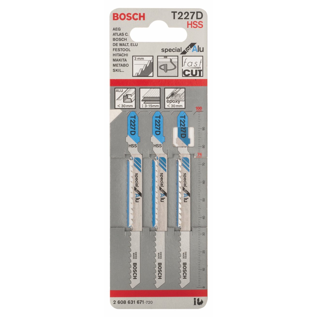 Bosch Professional 3x Jigsaw Blade T 227 D Special for Alu (for Aluminium sheets, Accessories Jigsaw)