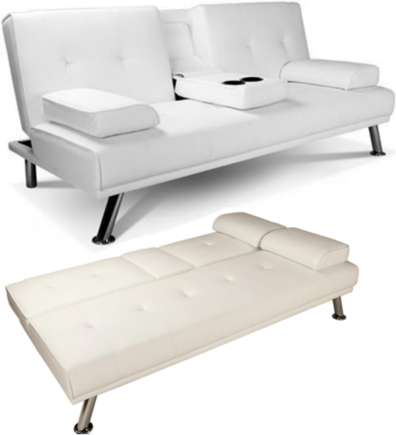 White Faux Leather Sofa Bed Double Click Clack Settee 2 seater / 3 seater Modern Living Room Couch Home Cinema Sofa - 3 Position Drink Cup Holders Two Cushions Cheap