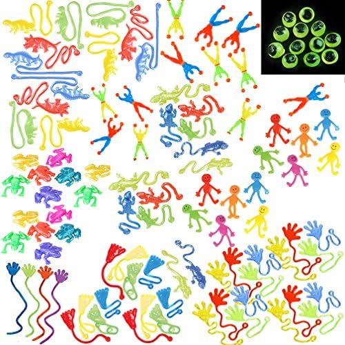 Assorted Sticky Stretchy Toy Party Favors | 108 Pack | Hands, Feet, Frogs, Smile Face, Dinosaurs, Lizards, Wall Climbers and Glow in Dark Eyes