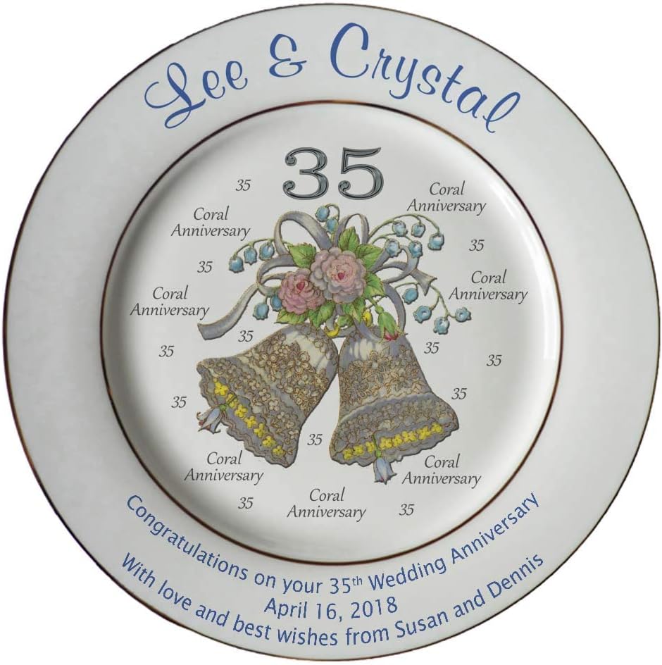 Heritage Pottery Personalized Bone China Commemorative Plate for A 35th Wedding Anniversary - Wedding Bells Design with 2 Gold Bands