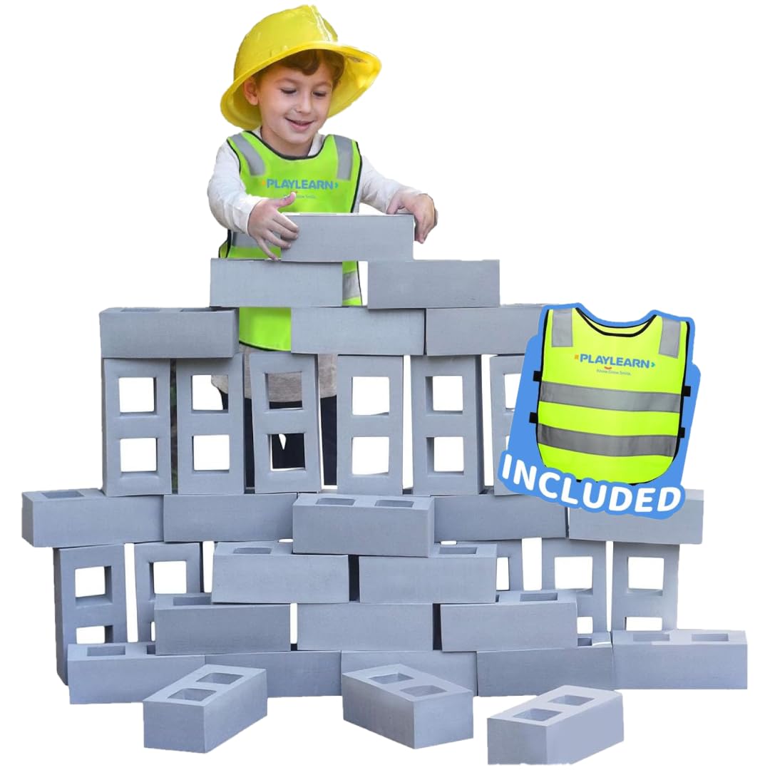 Playlearn Life Size Foam Breeze Block/Brick Construction Building Blocks Toy Role Play Realistic Pack of 20 Foam Building Bricks for Kids Children Construction Toys, Grey
