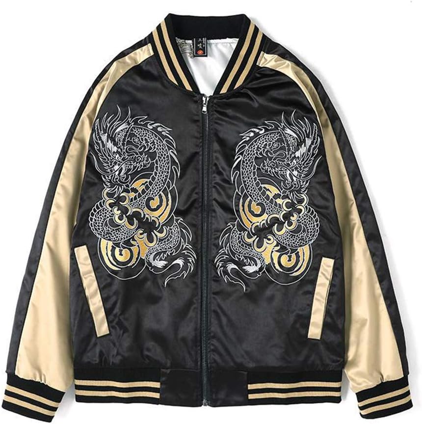 Hzikk Embroidered Stand-Up Collar Jacket Casual Korean Fashion Bomber Jacket,Black,L
