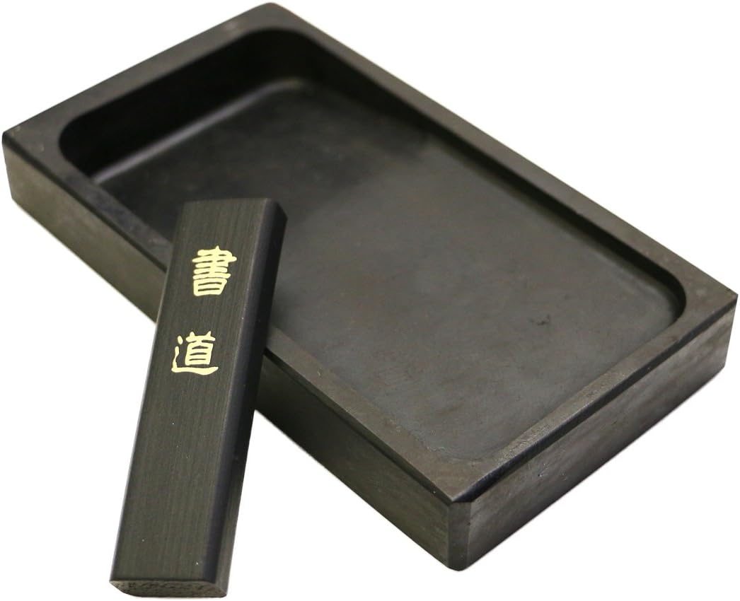Measylife Japanese Chinese Calligraphy Natural Ink Stone & Ink Stick Set / 5.30" x 3.00" x 0.75" in / 76.20mm x 135mm x 20.30mm Shodo Sumi - Black