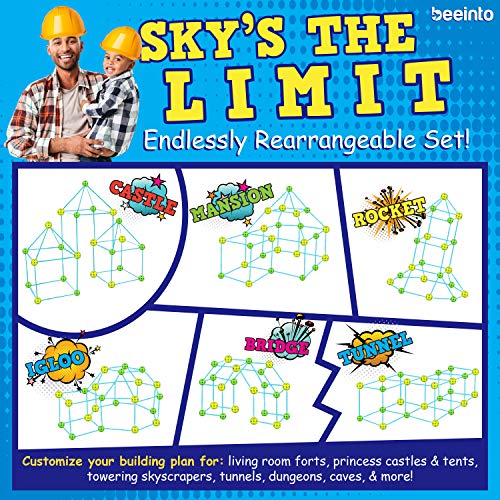 beeinto Kids Fort Construction Building Kit - 58 Poles, 32 Balls, 5 Toss Rings, Nylon Bag, Instructions - Outdoor STEM Toys for Boys, Indoor Play Tents Builder, Parent-Child Quality Time - Ages 5+