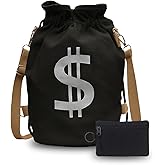 AseiTaku Canvas Drawstring Backpack with Coin pouch, Large Money Dollar Sign Bucket Rucksack, Lightweight Sport Bags (Deep Black)