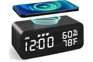 JALL Wooden Digital Alarm Clock with Wireless Charging, Dimmable, Adjustable Volume, 3 Alarms, Weekday/Weekend Mode, Snooze, Digital Clock for Bedroom, Bedside, Office (Black)