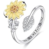 HUKKUN Sunflower Ring Sterling Silver Adjustable Sunflower Spinner Open Ring Fidget Anxiety Relieve Jewelry Gifts for Women