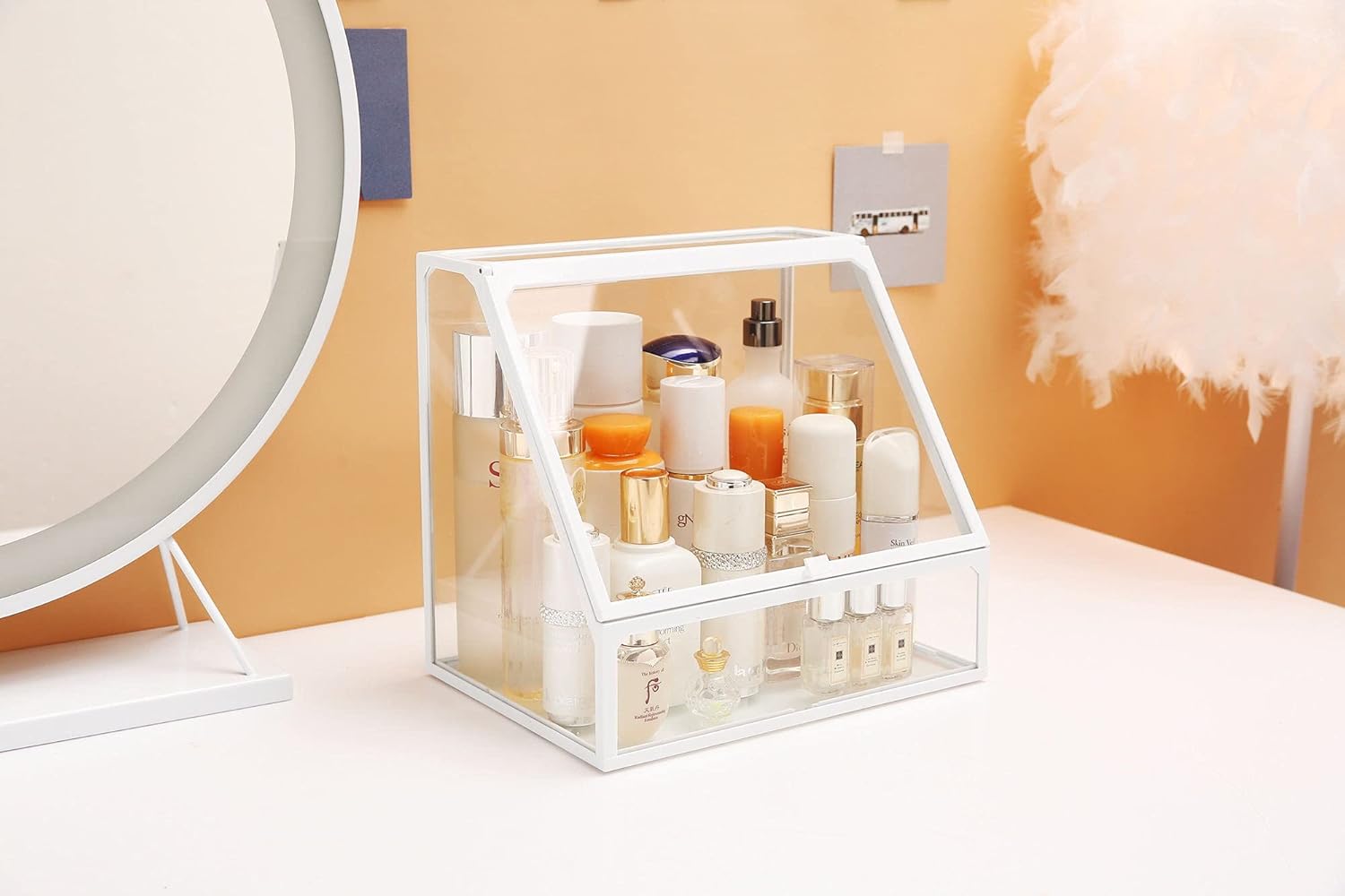 MOOCHI White Vintage Glass Cosmetic Makeup Organizer 3 Drawers Set Dust Waterproof Cosmetics Storage Display Case Countertop for Brushes Lipsticks Jewelry: Beauty