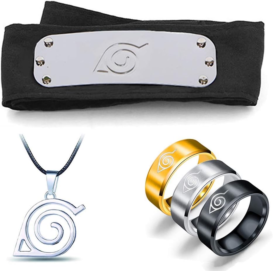 5PCS Naruto Adjustable Metal Leaf Village Headband Ninja Uchiha Sasuke Kakashi Cosplay Set Ring Necklace