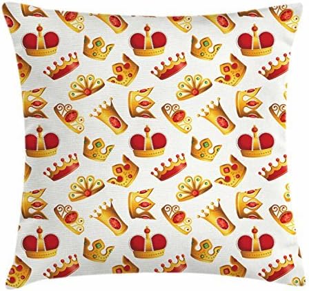 Queen Throw Pillow Cushion Cover, Medieval Monarch Crowns with Different Designs and Gemstones the Rulers of the Land, Decorative Square Accent Pillow Case, 18 X 18 Inches, Multicolor