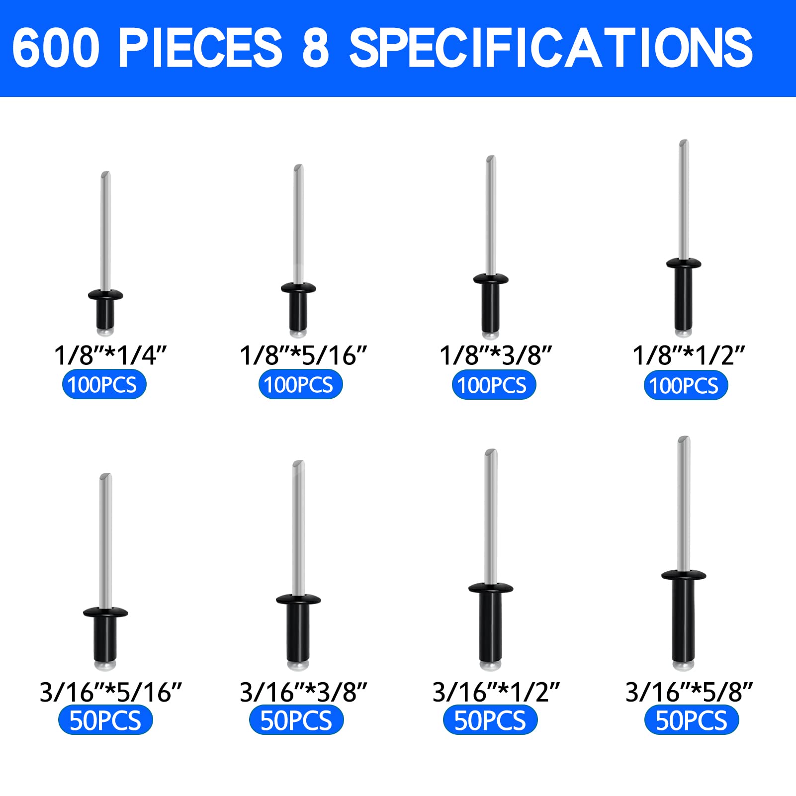 600PCS Black Pop Rivets, 8 Sizes of Aluminum Blind Rivets Assortment Kit（1/8