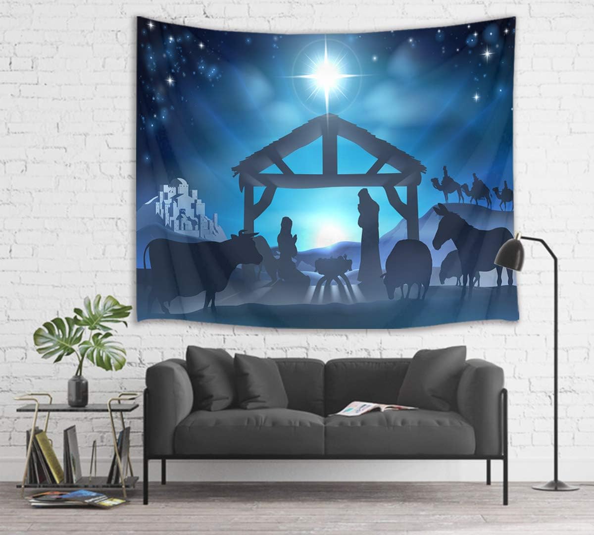 HVEST Nativity Scene Tapestry Jesus Christ Born in Manger Wall Hanging Christian