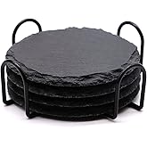 4 PCS Round Slate Drink Coasters Set, SIJDIEE 4 Inch Laser Engraving Black Slate Stone Coasters with Anti-Scratch Bottom and Coaster Holder for Office Bar Kitchen Home Dinner Table Decor Supplies