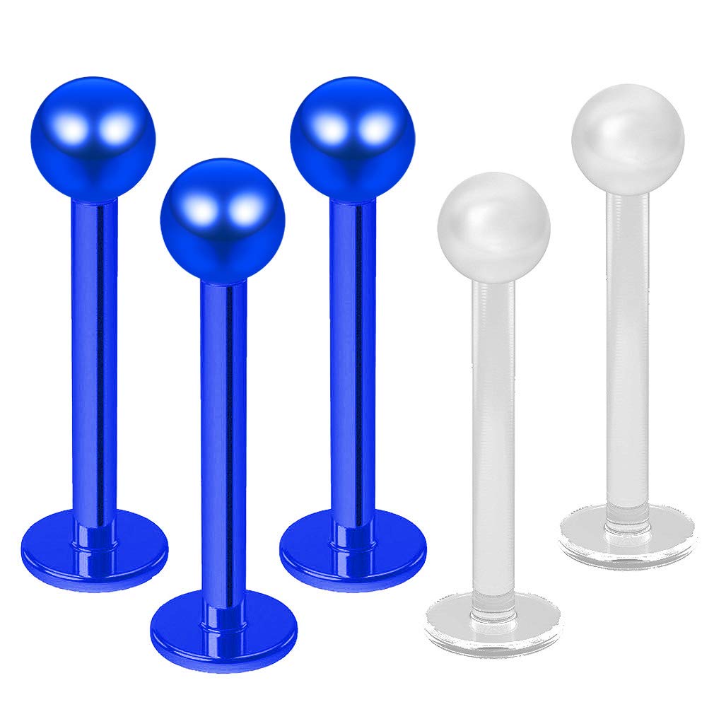 Bling Piercing 5pc Labret Bar Monroe Cartilage Earring 1.2mm 16g Blue 3mm Ball 316LVM Surgical Steel Lip Stud Helix Snake Bites Conch Medusa Spider Bite Retainer Keepers 10mm
