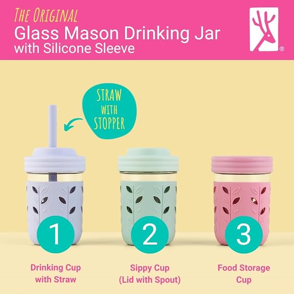 ELK AND FRIENDS KIDS & TODDLER CUPS | THE ORIGINAL GLASS MASON JARS 8 OZ WITH SILICONE STRAWS WITH STOPPERS | SMOOTHIE CUPS | SPILL PROOF SIPPY CUPS FOR TODDLERS