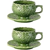 KAMMAK Tea Cups and Saucers Set of 2, Porcelain Coffee Cups, 8.5-Ounce Stackable Espresso Mugs, Ceramic Demitasse for Coffee, Latte, Americano, Tea, Green Flower