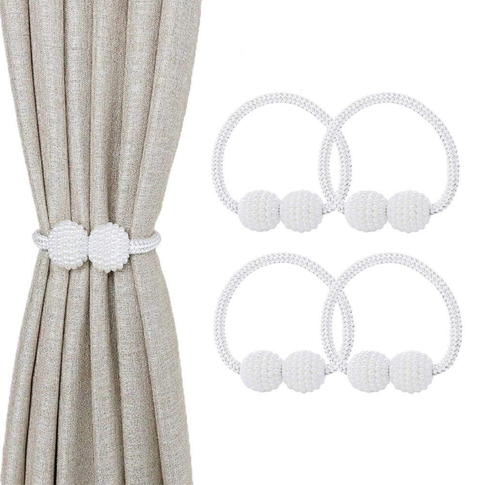 Magnetic Curtain Tie Backs, 4PCS Magnetic Curtain Clips Rope Curtain Holder Buckles Small Bead Curtain Buckle Clips Rope Holders for Home Office Hotel Window Decoration (White)