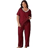 Givtzzod Plus Size Women Pajama Sets Short Sleeve Long Pants Solid Color Sleepwear V Neck Casual Lounge Sets Nighty