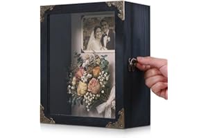 VAULTUSCN Deep Shadow Box Frame 8x10 with 4.7" Depth, Black Wood Display Case with Vintage Lock, Metal Corner Accents, Extra Deep Shadow Box Frame for Medals, Photos, Collectibles, Wedding Keepsakes
