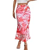 MEROKEETY Women's Summer Floral Mesh Midi Skirt 2026 Casual Trendy High Waist Ruched Boho Skirts